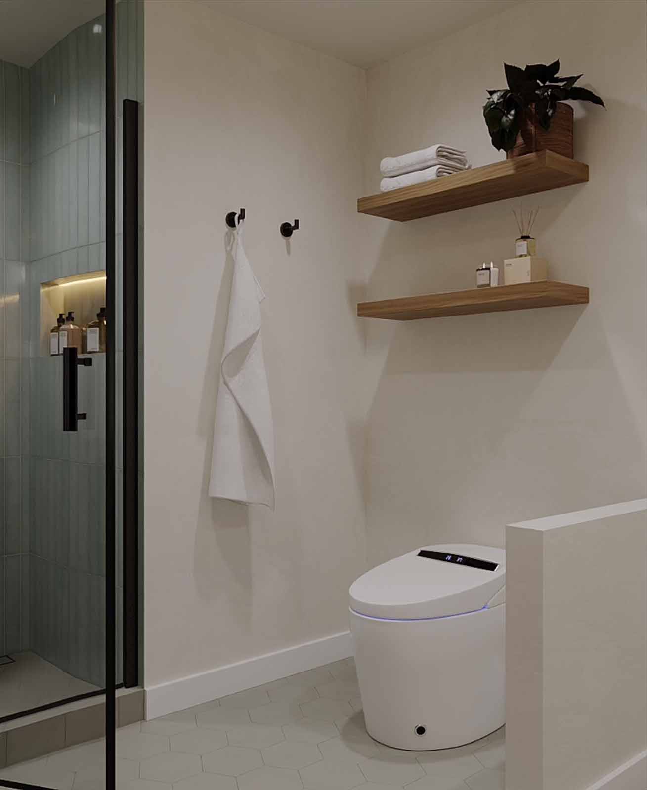 Smart toilet bathroom with sage tile shower, floating shelves, and minimalist design