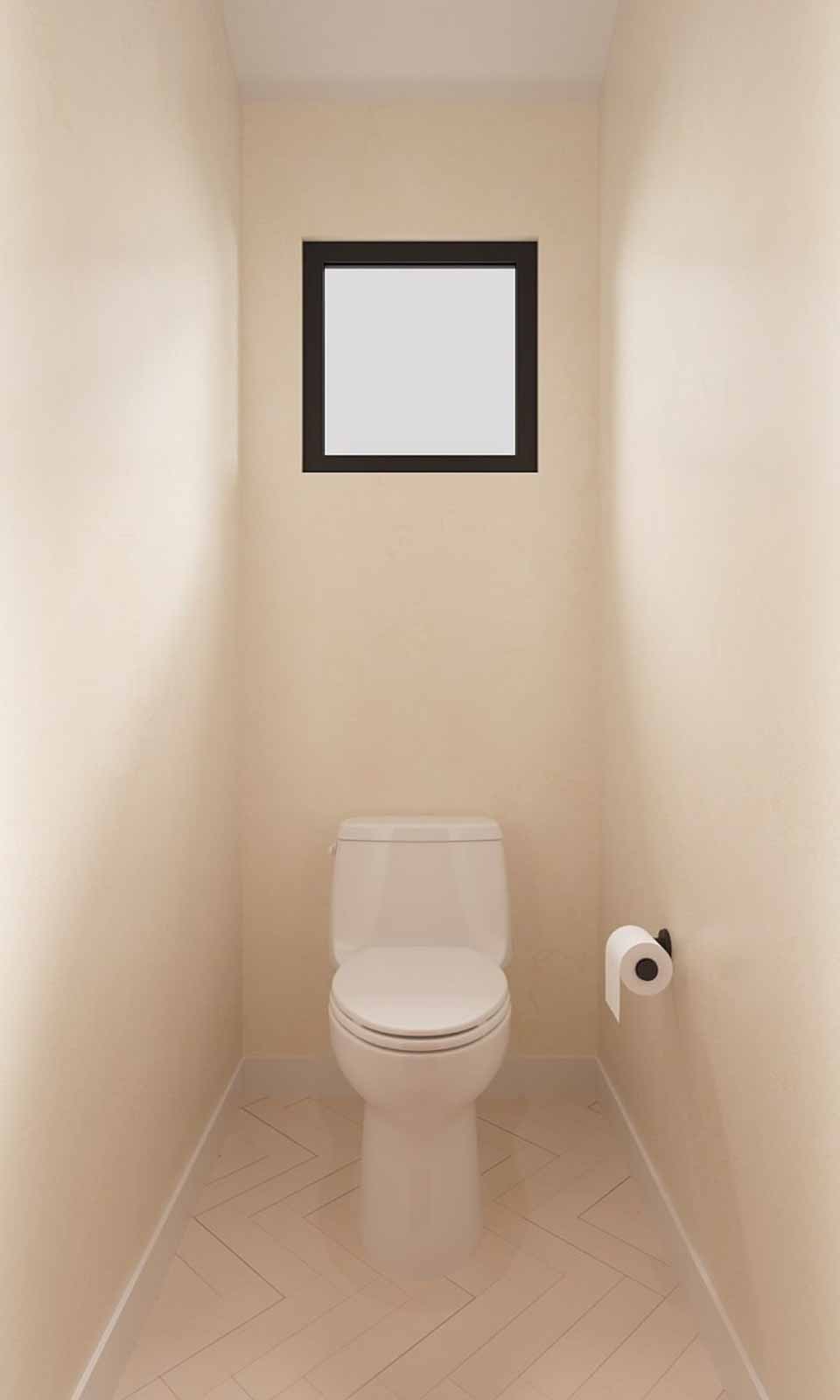 Minimalist powder room design with herringbone floor and black-framed window