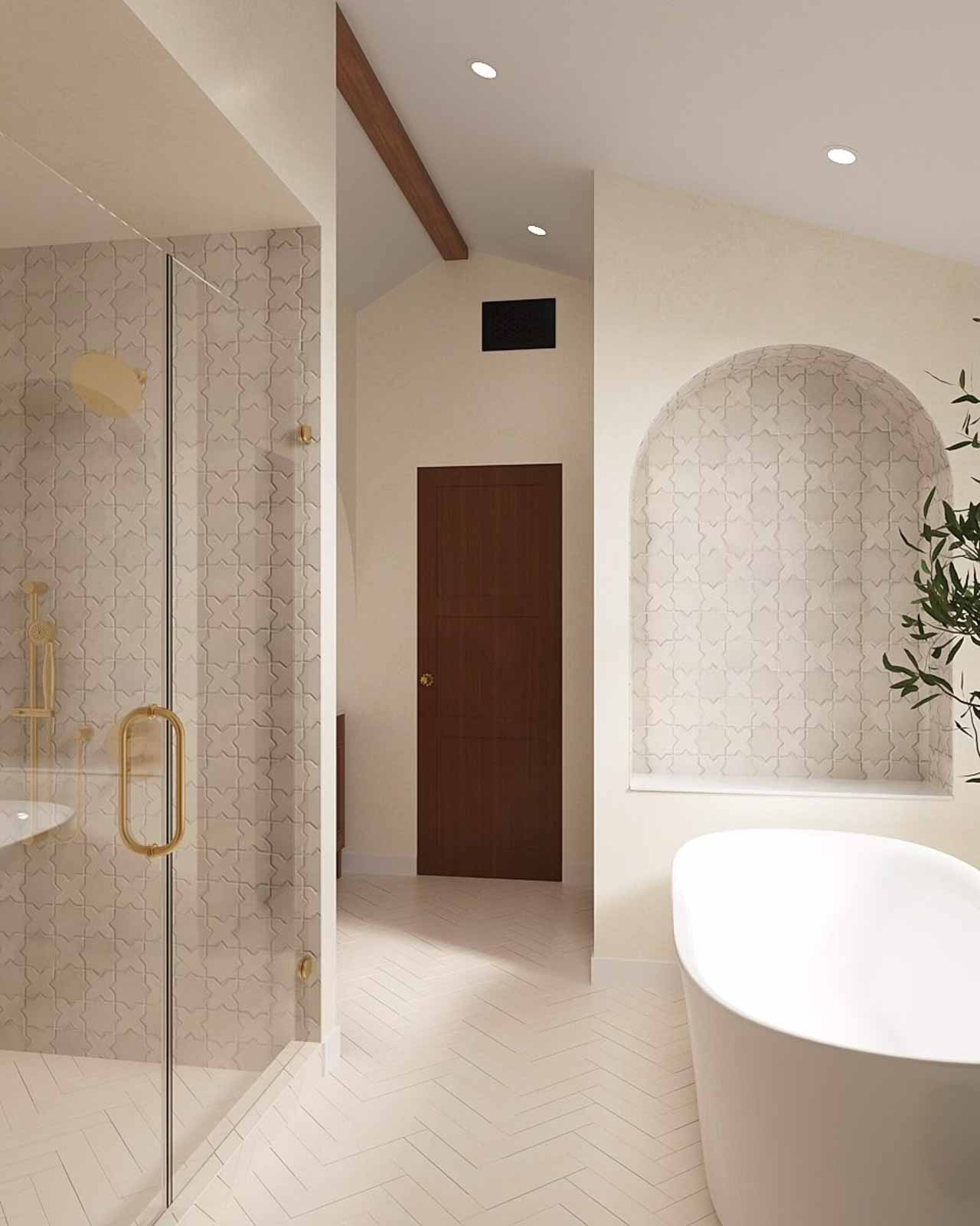 Luxury master bathroom with patterned tile shower, freestanding tub, and wood beam ceiling