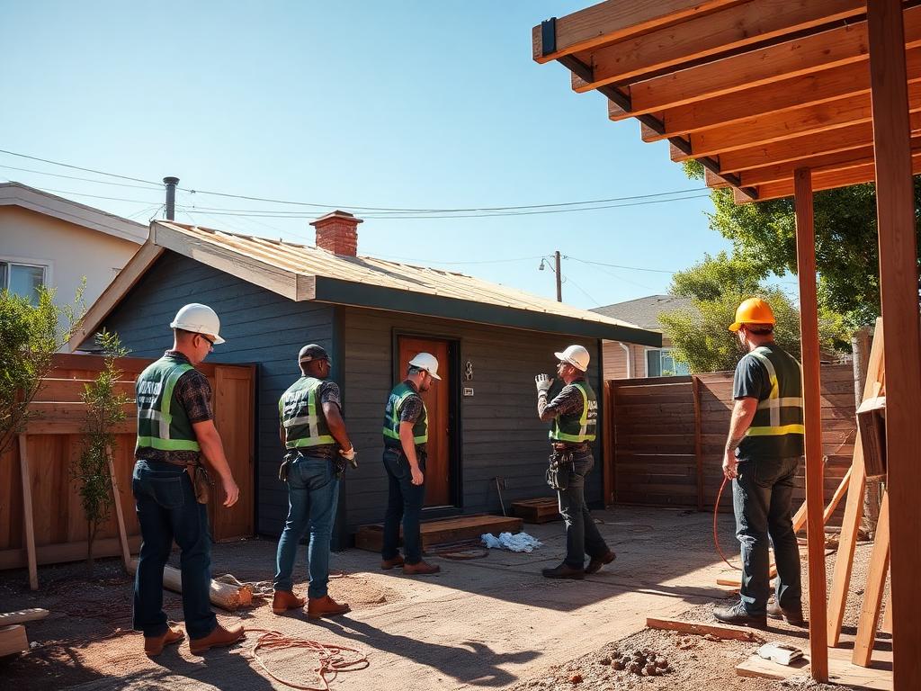 New Dawn Construction team reviewing ADU construction plans on site in Los Angeles