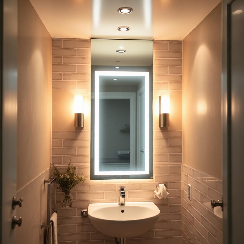 Backlit LED mirror with layered lighting design in modern bathroom