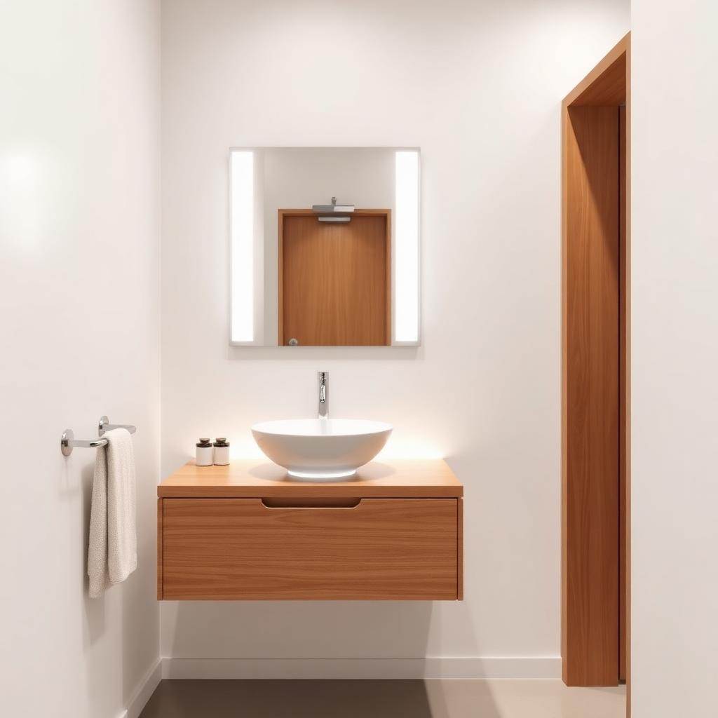 Modern floating vanity in small bathroom with LED under-cabinet lighting and vessel sink