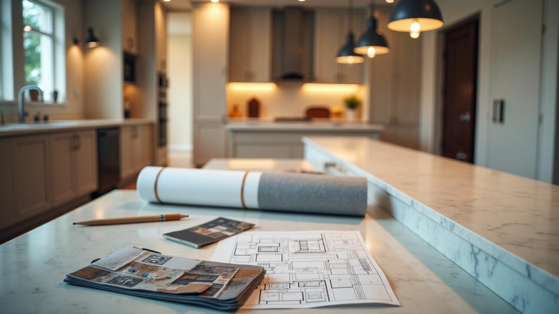 Home remodeling blog hero - architectural blueprints and modern kitchen design