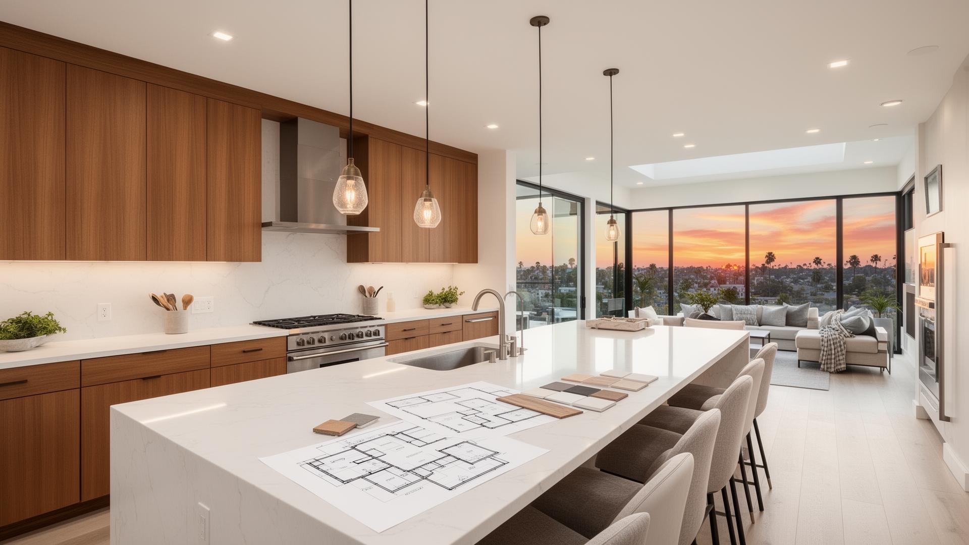 Home remodeling blog hero - architectural blueprints and modern kitchen design