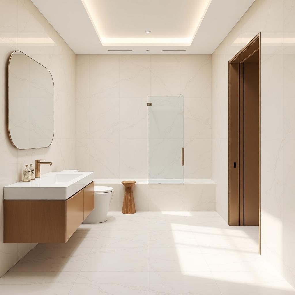 Large format porcelain tiles in small bathroom creating seamless spa-like appearance