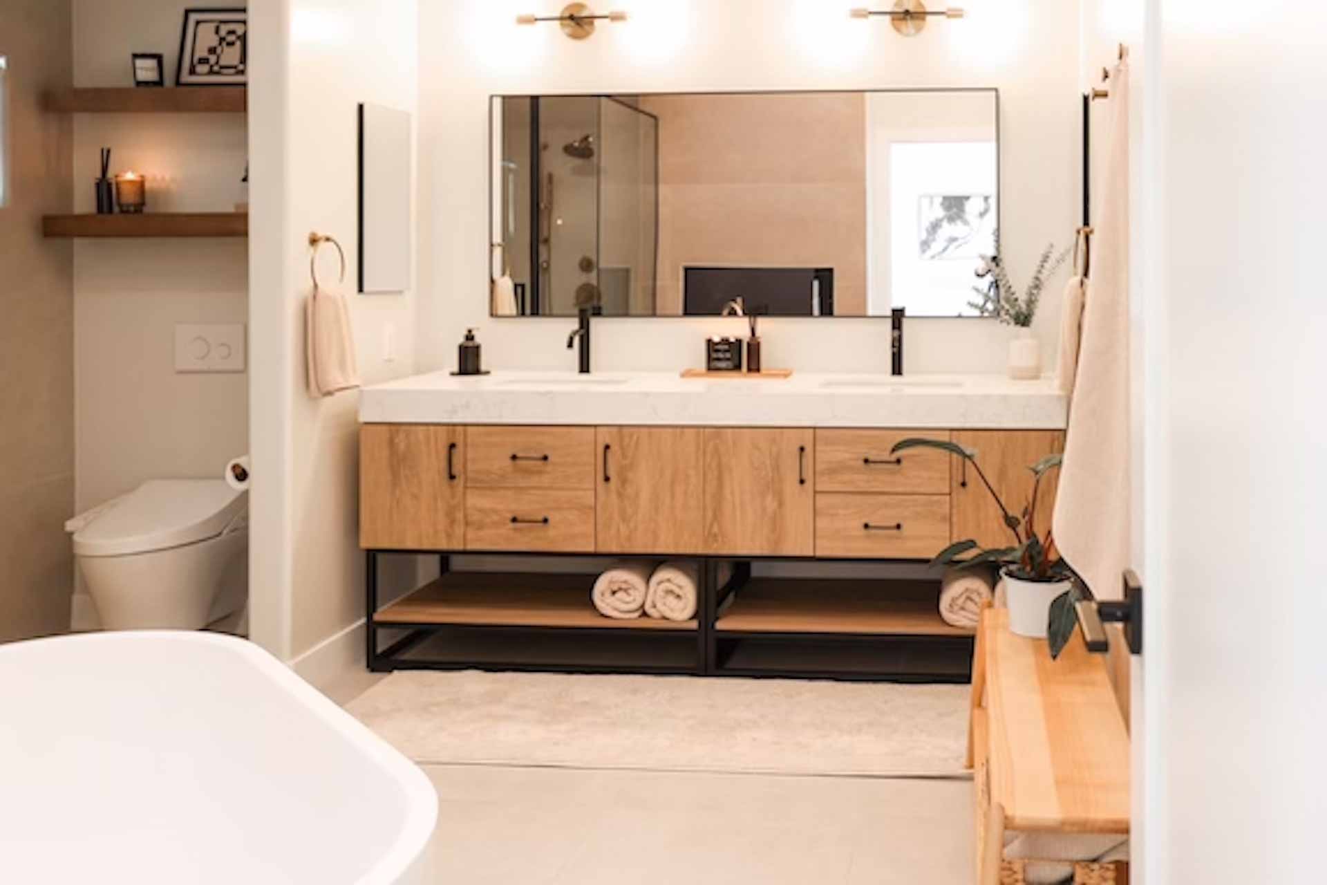 Modern spa-style bathroom renovation with oak vanity, white quartz countertop, black fixtures, freestanding tub, and floating shelves - New Dawn Construction