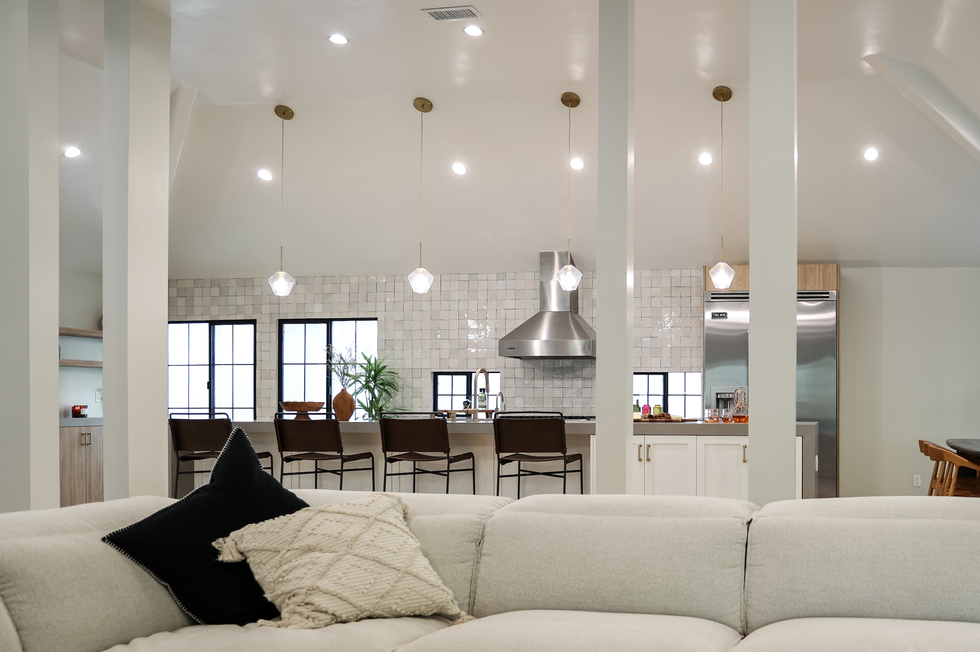 Open floor plan kitchen remodel in Pasadena with view into living room creating connected living space