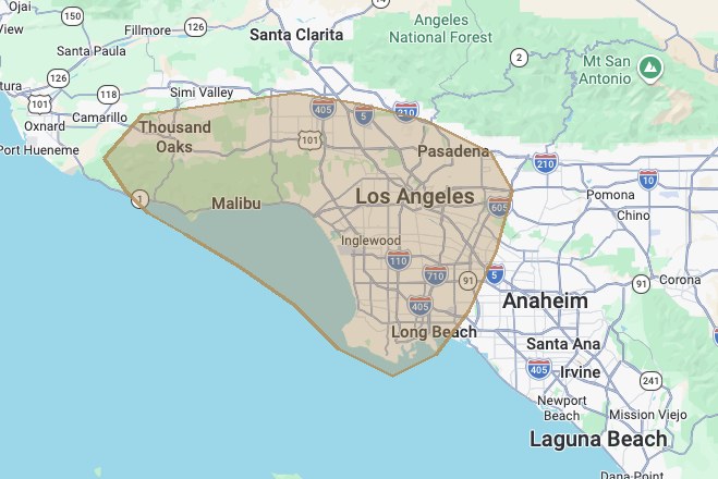 Kitchen remodeling service area map highlighting Calabasas, CA