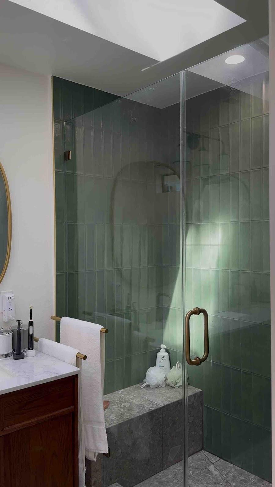 Agoura Hills complete remodel spa bathroom with green vertical tile and skylight