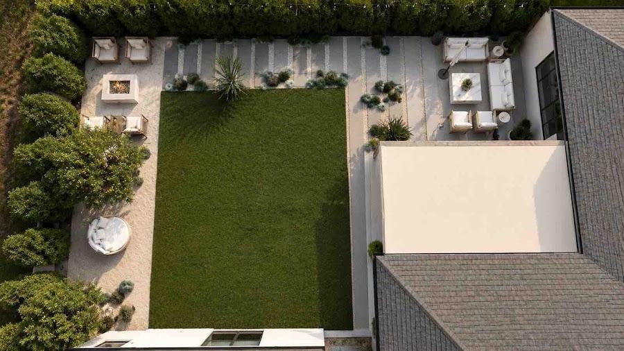 Modern backyard retreat landscape design with covered patio and drought-tolerant planting