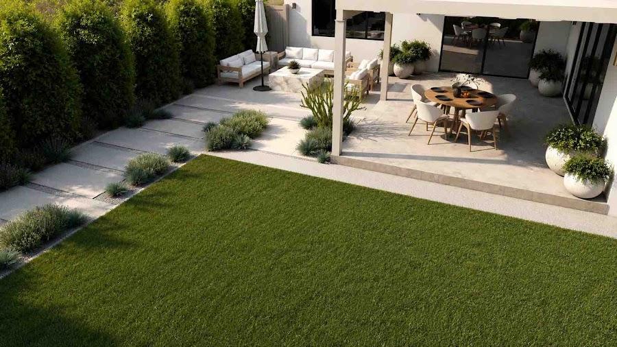 Poolside landscape concept with softscape framing for lounge areas
